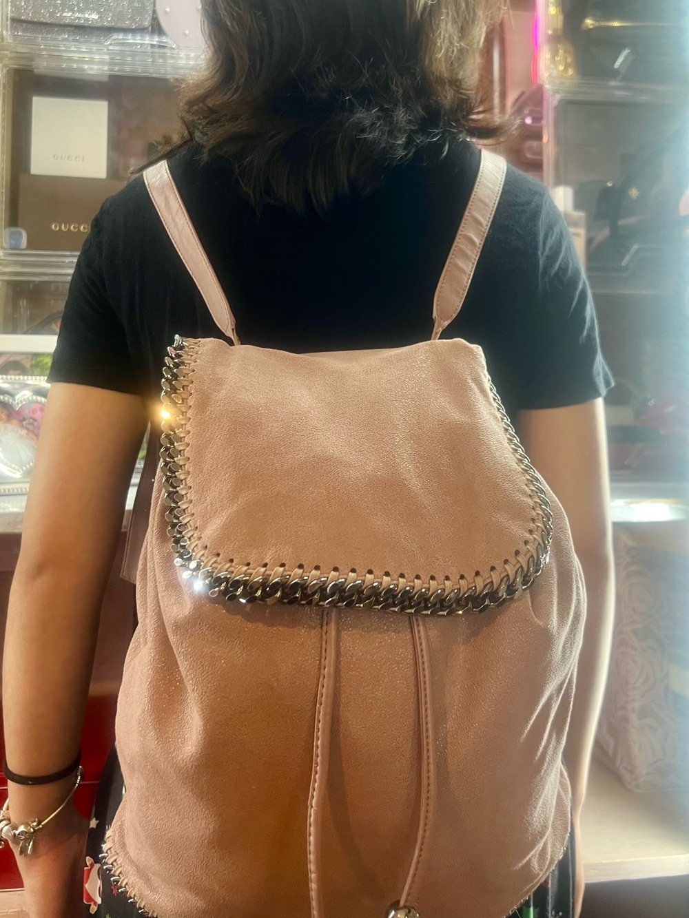 Stella McCartney Pink Suede Chain-Trim Drawstring Backpack - Picture 3 of 16
